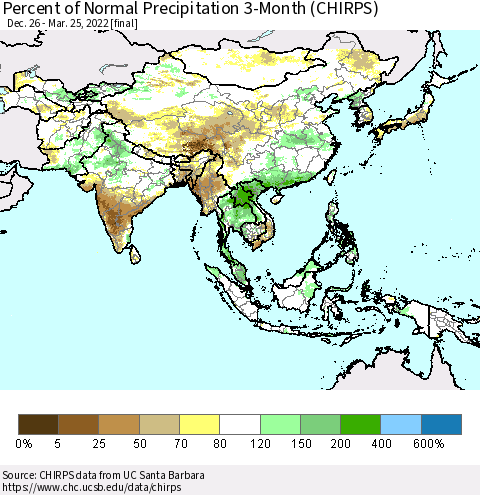 Asia Percent of Normal Precipitation 3-Month (CHIRPS) Thematic Map For 12/26/2021 - 3/25/2022