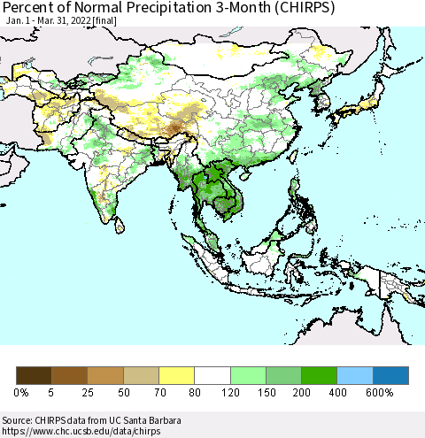 Asia Percent of Normal Precipitation 3-Month (CHIRPS) Thematic Map For 1/1/2022 - 3/31/2022