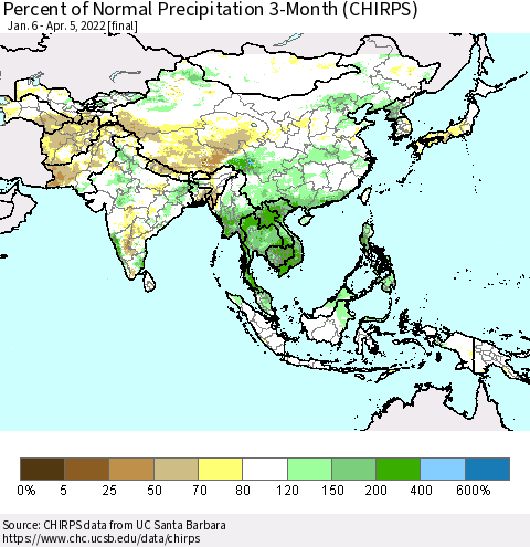 Asia Percent of Normal Precipitation 3-Month (CHIRPS) Thematic Map For 1/6/2022 - 4/5/2022
