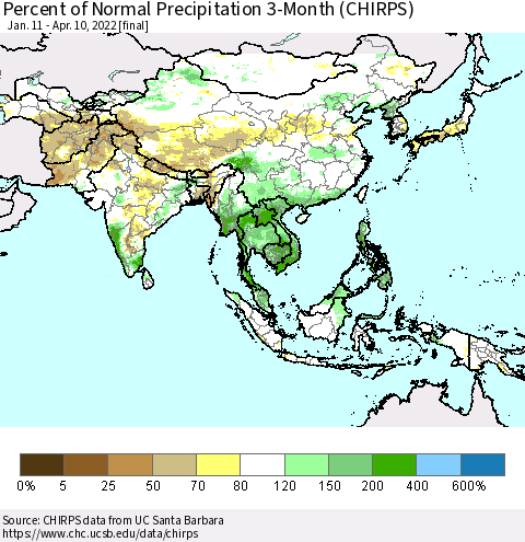 Asia Percent of Normal Precipitation 3-Month (CHIRPS) Thematic Map For 1/11/2022 - 4/10/2022