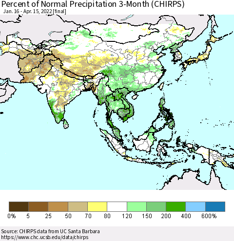 Asia Percent of Normal Precipitation 3-Month (CHIRPS) Thematic Map For 1/16/2022 - 4/15/2022