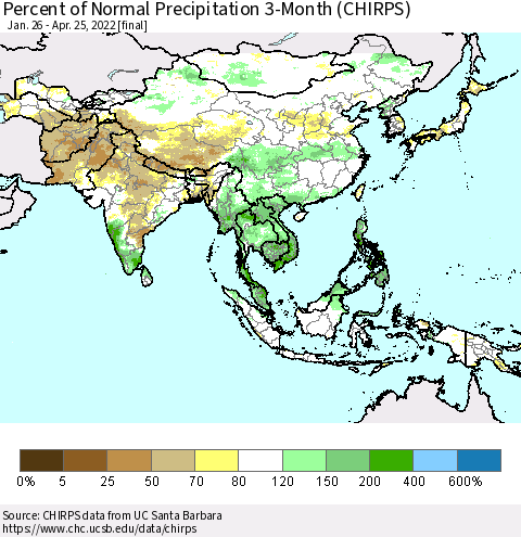 Asia Percent of Normal Precipitation 3-Month (CHIRPS) Thematic Map For 1/26/2022 - 4/25/2022