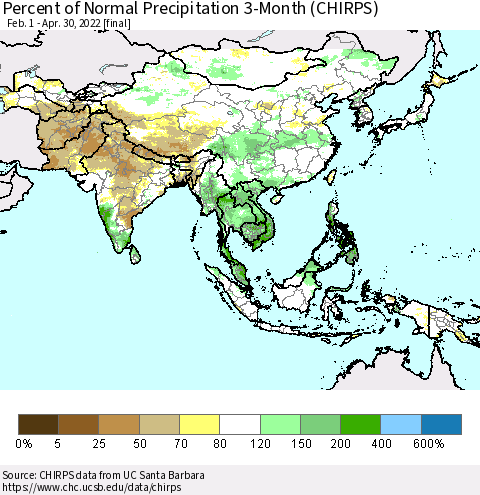 Asia Percent of Normal Precipitation 3-Month (CHIRPS) Thematic Map For 2/1/2022 - 4/30/2022