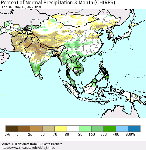 Asia Percent of Normal Precipitation 3-Month (CHIRPS) Thematic Map For 2/16/2022 - 5/15/2022