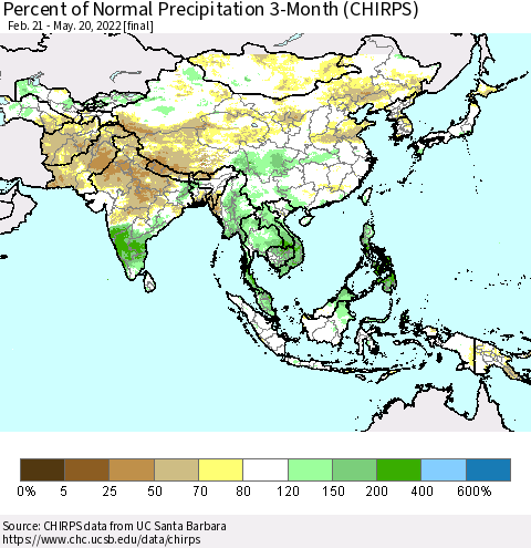 Asia Percent of Normal Precipitation 3-Month (CHIRPS) Thematic Map For 2/21/2022 - 5/20/2022
