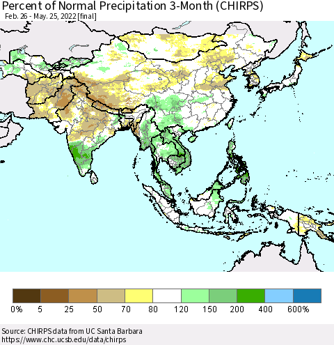 Asia Percent of Normal Precipitation 3-Month (CHIRPS) Thematic Map For 2/26/2022 - 5/25/2022