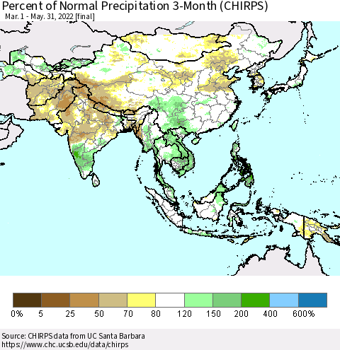 Asia Percent of Normal Precipitation 3-Month (CHIRPS) Thematic Map For 3/1/2022 - 5/31/2022