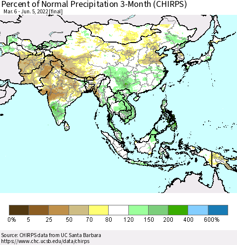 Asia Percent of Normal Precipitation 3-Month (CHIRPS) Thematic Map For 3/6/2022 - 6/5/2022
