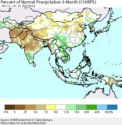 Asia Percent of Normal Precipitation 3-Month (CHIRPS) Thematic Map For 3/11/2022 - 6/10/2022
