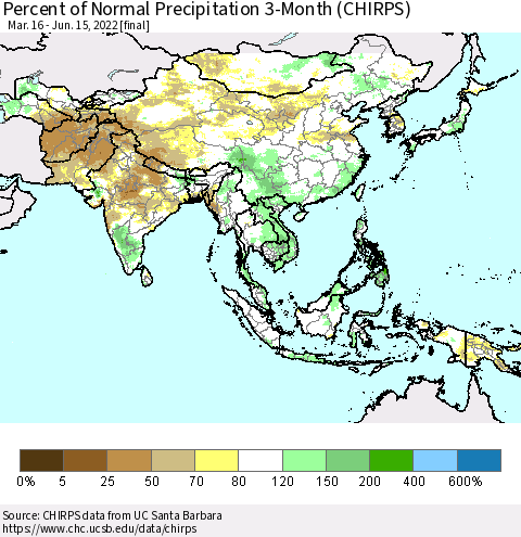 Asia Percent of Normal Precipitation 3-Month (CHIRPS) Thematic Map For 3/16/2022 - 6/15/2022
