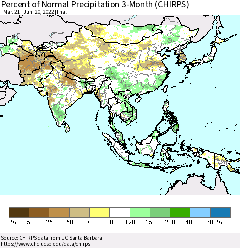 Asia Percent of Normal Precipitation 3-Month (CHIRPS) Thematic Map For 3/21/2022 - 6/20/2022