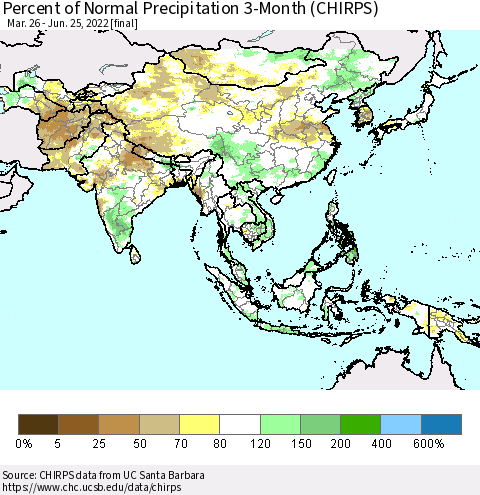 Asia Percent of Normal Precipitation 3-Month (CHIRPS) Thematic Map For 3/26/2022 - 6/25/2022