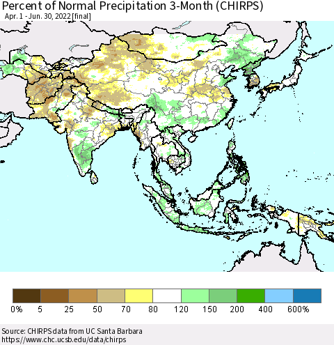 Asia Percent of Normal Precipitation 3-Month (CHIRPS) Thematic Map For 4/1/2022 - 6/30/2022