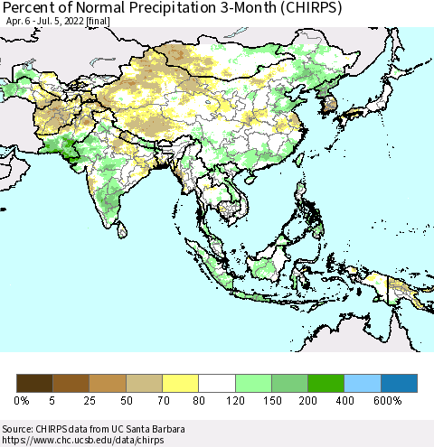 Asia Percent of Normal Precipitation 3-Month (CHIRPS) Thematic Map For 4/6/2022 - 7/5/2022