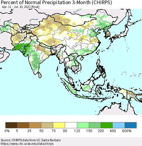 Asia Percent of Normal Precipitation 3-Month (CHIRPS) Thematic Map For 4/11/2022 - 7/10/2022