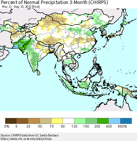 Asia Percent of Normal Precipitation 3-Month (CHIRPS) Thematic Map For 5/11/2022 - 8/10/2022