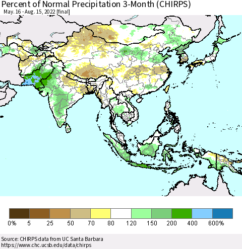 Asia Percent of Normal Precipitation 3-Month (CHIRPS) Thematic Map For 5/16/2022 - 8/15/2022