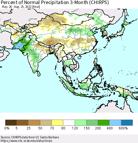 Asia Percent of Normal Precipitation 3-Month (CHIRPS) Thematic Map For 5/26/2022 - 8/25/2022
