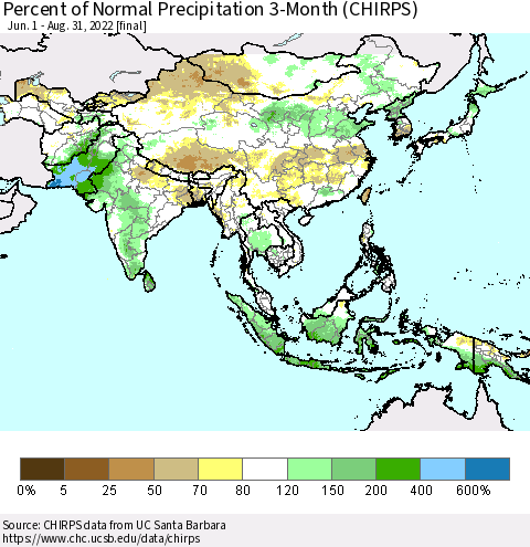 Asia Percent of Normal Precipitation 3-Month (CHIRPS) Thematic Map For 6/1/2022 - 8/31/2022