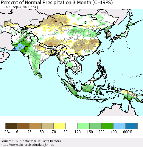 Asia Percent of Normal Precipitation 3-Month (CHIRPS) Thematic Map For 6/6/2022 - 9/5/2022
