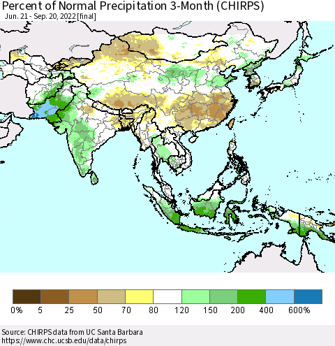 Asia Percent of Normal Precipitation 3-Month (CHIRPS) Thematic Map For 6/21/2022 - 9/20/2022