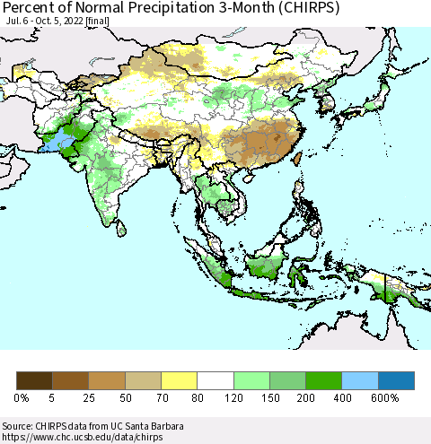Asia Percent of Normal Precipitation 3-Month (CHIRPS) Thematic Map For 7/6/2022 - 10/5/2022