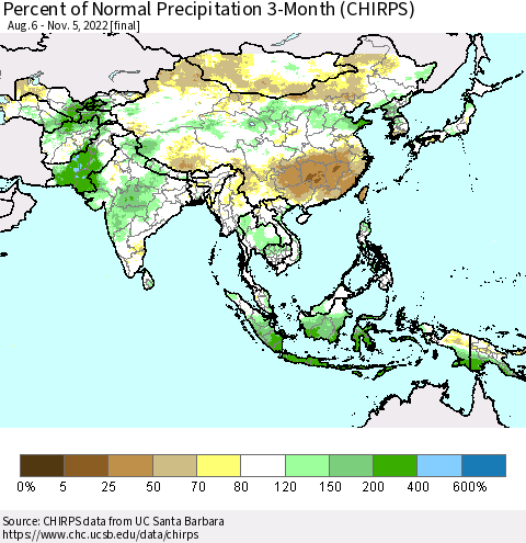 Asia Percent of Normal Precipitation 3-Month (CHIRPS) Thematic Map For 8/6/2022 - 11/5/2022