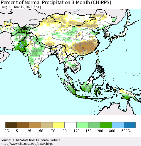 Asia Percent of Normal Precipitation 3-Month (CHIRPS) Thematic Map For 8/11/2022 - 11/10/2022