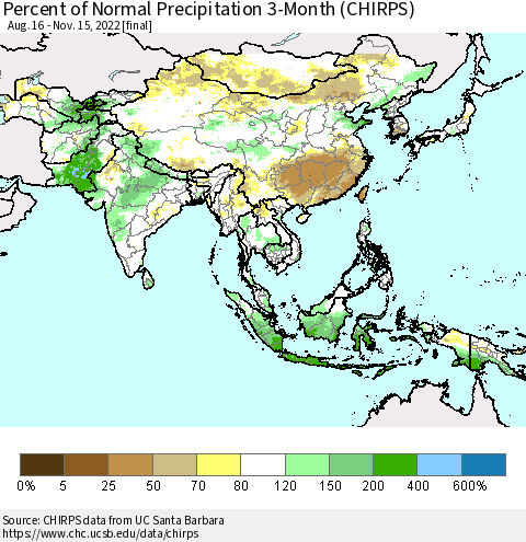 Asia Percent of Normal Precipitation 3-Month (CHIRPS) Thematic Map For 8/16/2022 - 11/15/2022