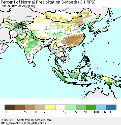 Asia Percent of Normal Precipitation 3-Month (CHIRPS) Thematic Map For 8/21/2022 - 11/20/2022