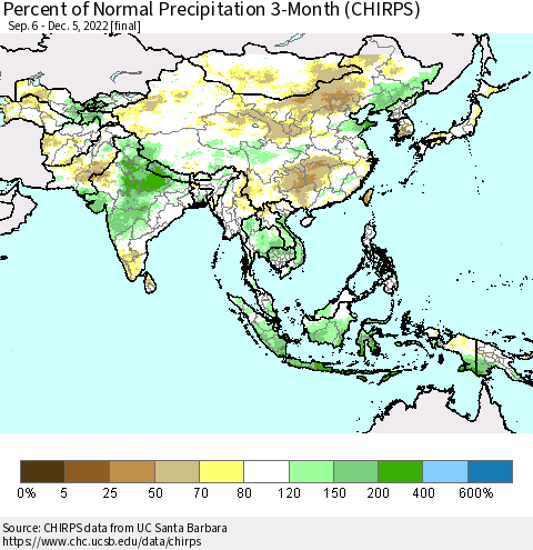 Asia Percent of Normal Precipitation 3-Month (CHIRPS) Thematic Map For 9/6/2022 - 12/5/2022