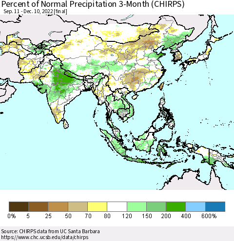Asia Percent of Normal Precipitation 3-Month (CHIRPS) Thematic Map For 9/11/2022 - 12/10/2022