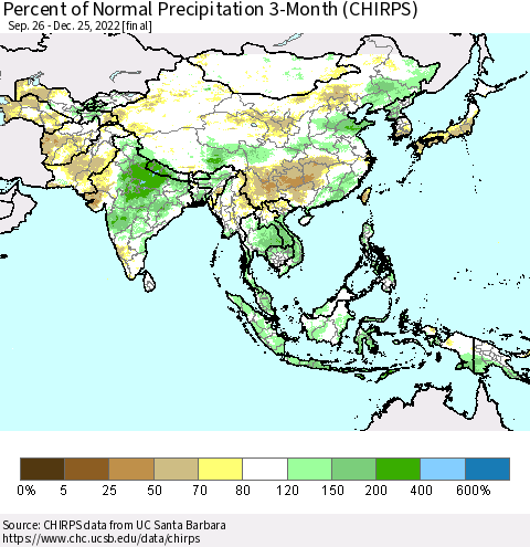Asia Percent of Normal Precipitation 3-Month (CHIRPS) Thematic Map For 9/26/2022 - 12/25/2022