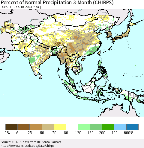 Asia Percent of Normal Precipitation 3-Month (CHIRPS) Thematic Map For 10/11/2022 - 1/10/2023