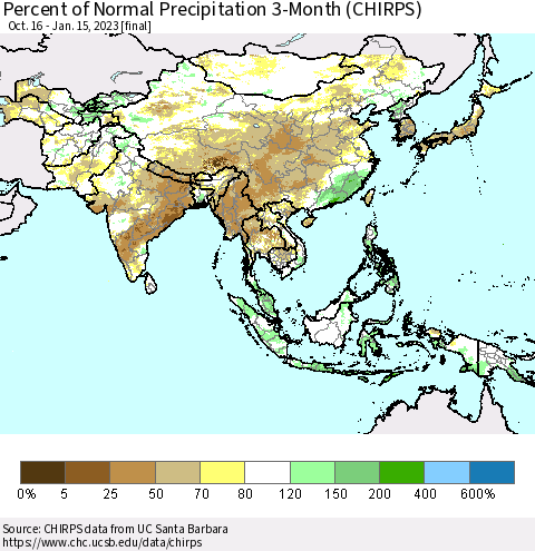 Asia Percent of Normal Precipitation 3-Month (CHIRPS) Thematic Map For 10/16/2022 - 1/15/2023