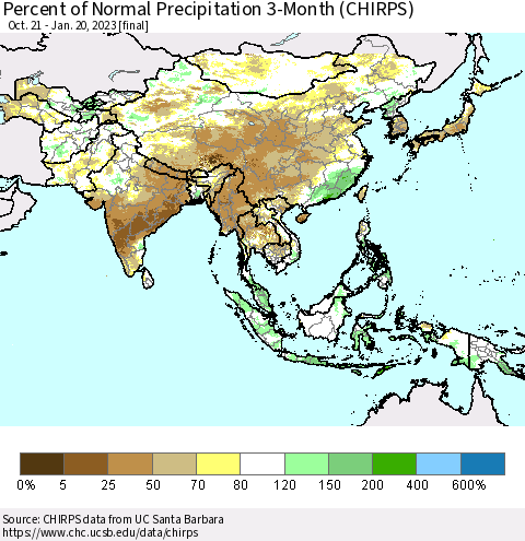 Asia Percent of Normal Precipitation 3-Month (CHIRPS) Thematic Map For 10/21/2022 - 1/20/2023