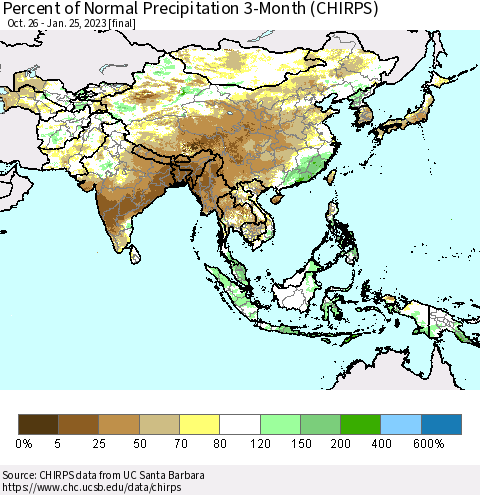 Asia Percent of Normal Precipitation 3-Month (CHIRPS) Thematic Map For 10/26/2022 - 1/25/2023