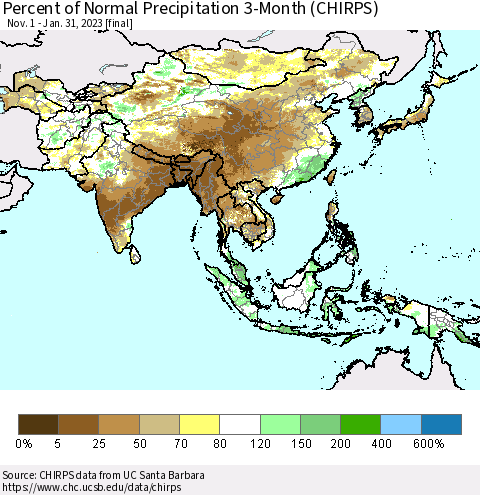 Asia Percent of Normal Precipitation 3-Month (CHIRPS) Thematic Map For 11/1/2022 - 1/31/2023