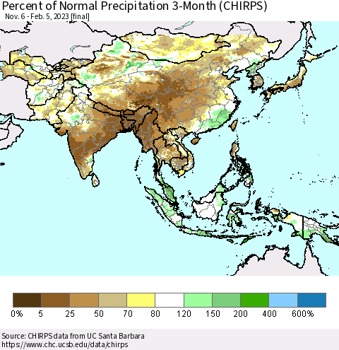 Asia Percent of Normal Precipitation 3-Month (CHIRPS) Thematic Map For 11/6/2022 - 2/5/2023