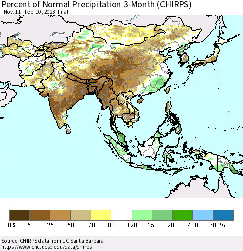 Asia Percent of Normal Precipitation 3-Month (CHIRPS) Thematic Map For 11/11/2022 - 2/10/2023
