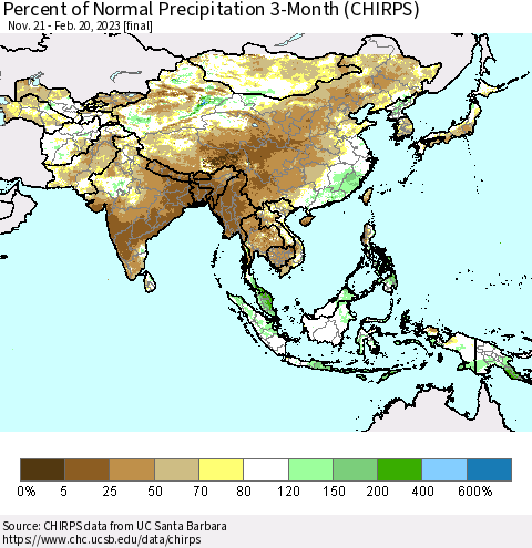 Asia Percent of Normal Precipitation 3-Month (CHIRPS) Thematic Map For 11/21/2022 - 2/20/2023