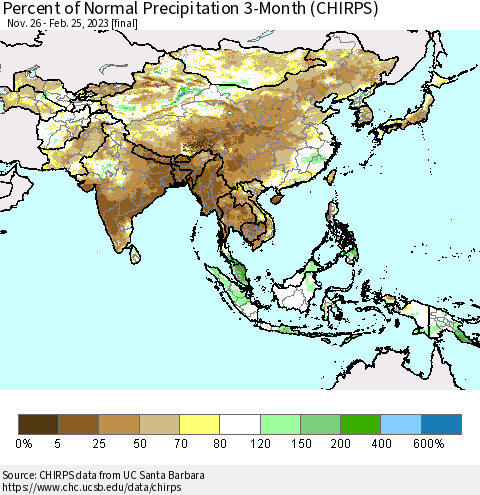 Asia Percent of Normal Precipitation 3-Month (CHIRPS) Thematic Map For 11/26/2022 - 2/25/2023
