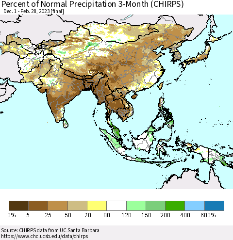 Asia Percent of Normal Precipitation 3-Month (CHIRPS) Thematic Map For 12/1/2022 - 2/28/2023