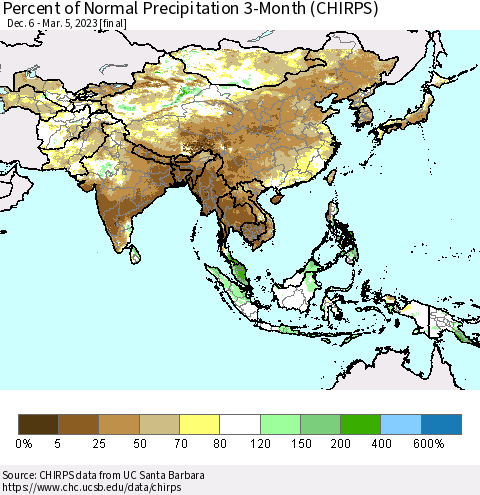 Asia Percent of Normal Precipitation 3-Month (CHIRPS) Thematic Map For 12/6/2022 - 3/5/2023