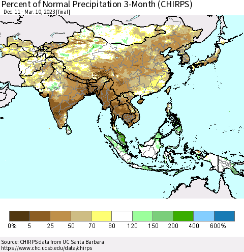 Asia Percent of Normal Precipitation 3-Month (CHIRPS) Thematic Map For 12/11/2022 - 3/10/2023