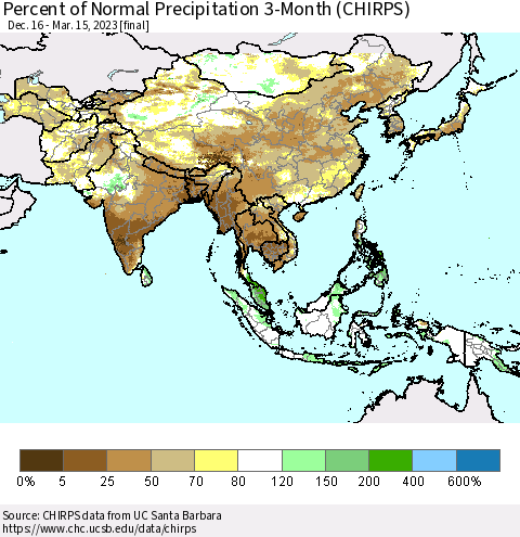 Asia Percent of Normal Precipitation 3-Month (CHIRPS) Thematic Map For 12/16/2022 - 3/15/2023