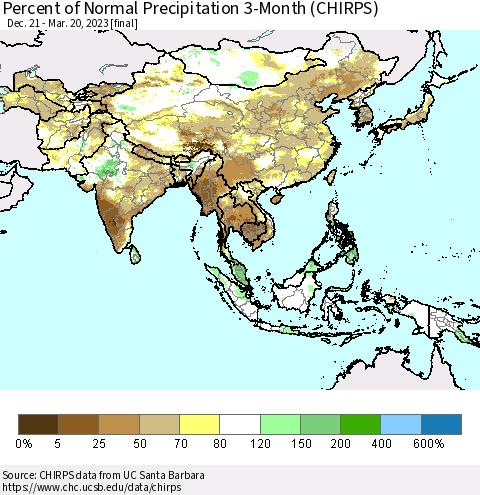 Asia Percent of Normal Precipitation 3-Month (CHIRPS) Thematic Map For 12/21/2022 - 3/20/2023