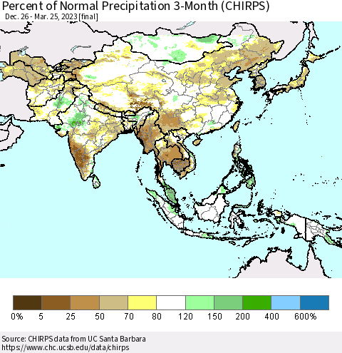 Asia Percent of Normal Precipitation 3-Month (CHIRPS) Thematic Map For 12/26/2022 - 3/25/2023