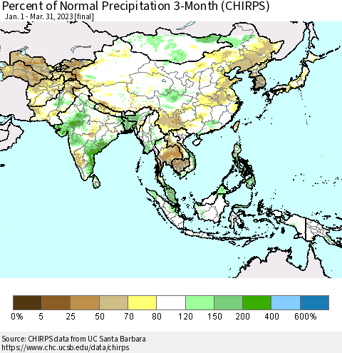 Asia Percent of Normal Precipitation 3-Month (CHIRPS) Thematic Map For 1/1/2023 - 3/31/2023