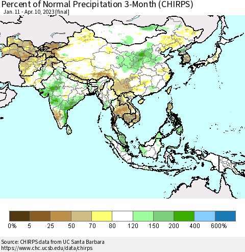 Asia Percent of Normal Precipitation 3-Month (CHIRPS) Thematic Map For 1/11/2023 - 4/10/2023